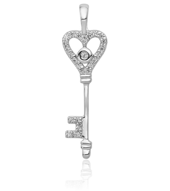 10K Solid White Gold Diamond Heart Key Necklace Chain Pendant Charm