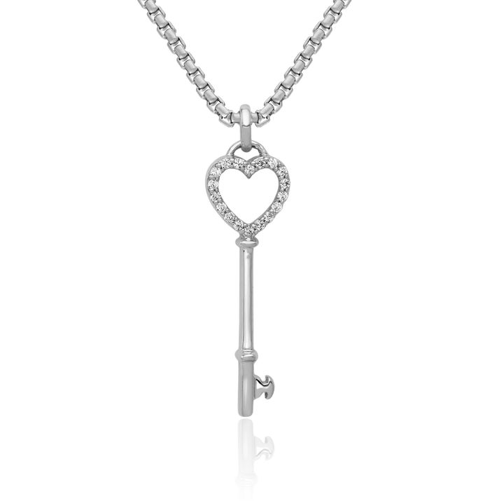 10K Solid White Gold Diamond Heart Key Necklace Chain Pendant Charm