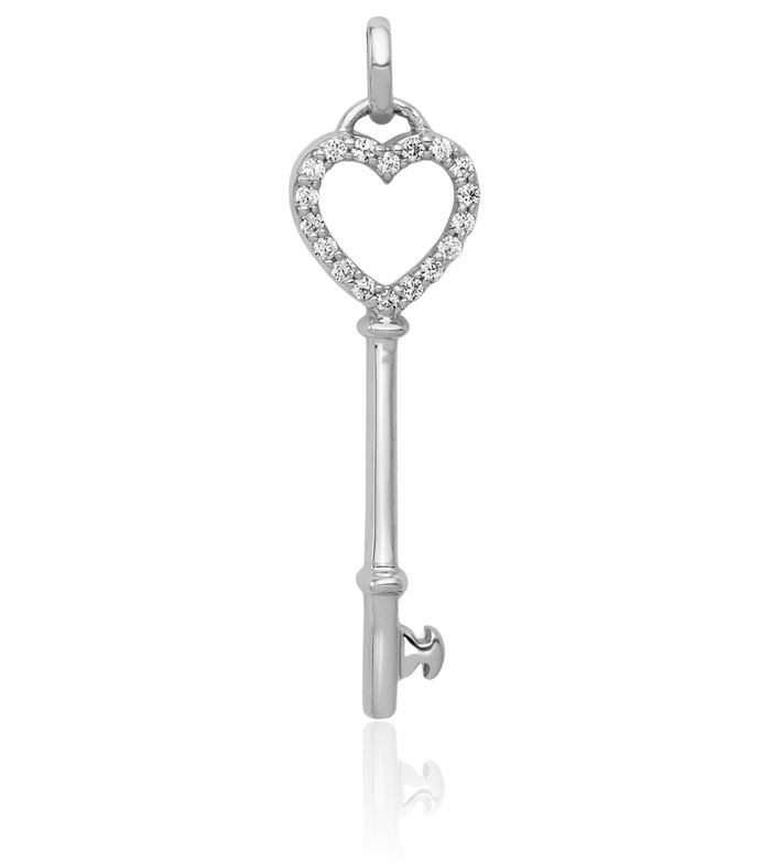 10K Solid White Gold Diamond Heart Key Necklace Chain Pendant Charm