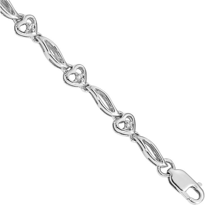 10K Solid White Gold Diamond Heart Tennis Bracelet