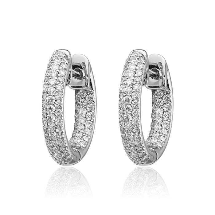 10K Solid White Gold Diamond Huggie Small Hoop Earrings