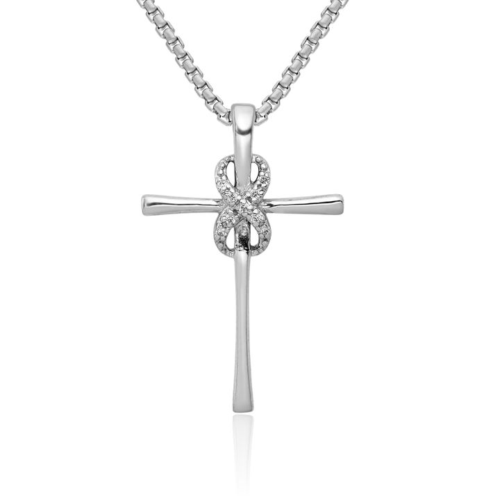 10K Solid White Gold Diamond Infinity Twisted Love Knot Symbol Holy Cross Floating Chain Slide Pendant Necklace Religious Jesus Christ Charm