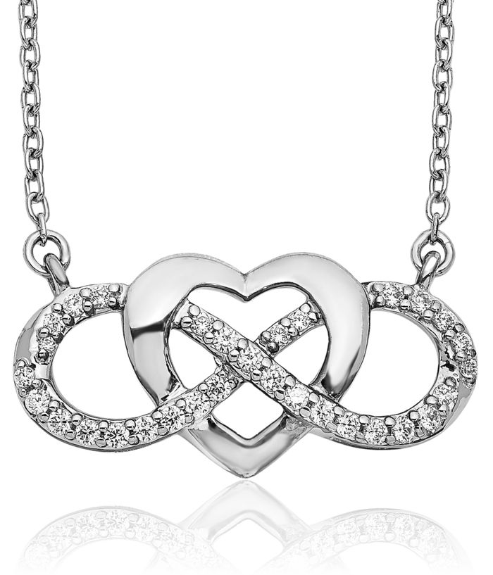 10K Solid White Gold Diamond Infinity Twisted Love Knot Symbol Heart Necklace Pendant Friendship Charm Chain