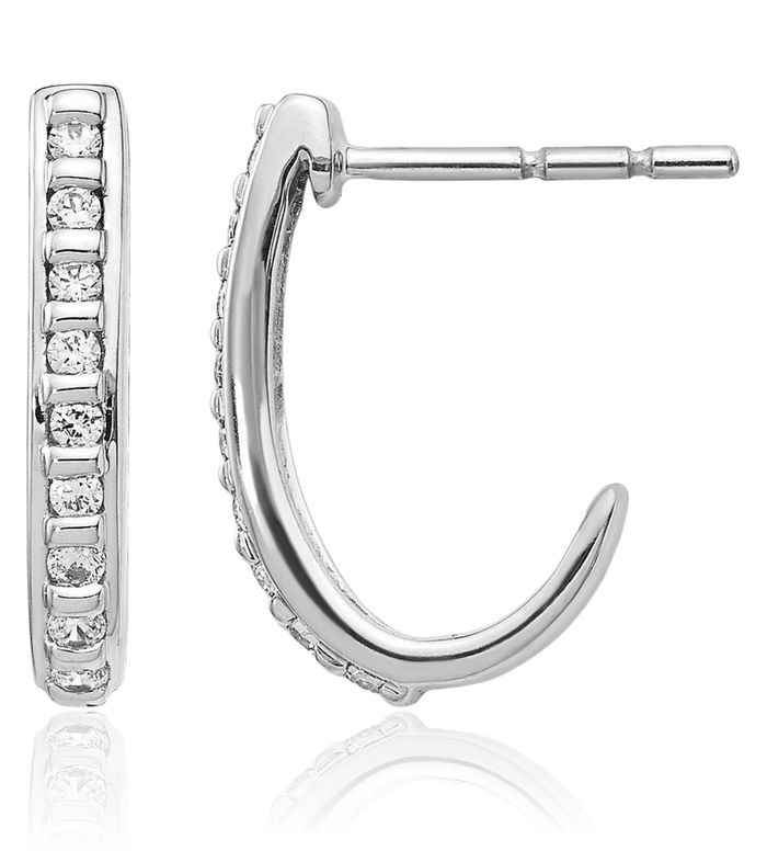 10K Solid White Gold Diamond J Hoop Earrings