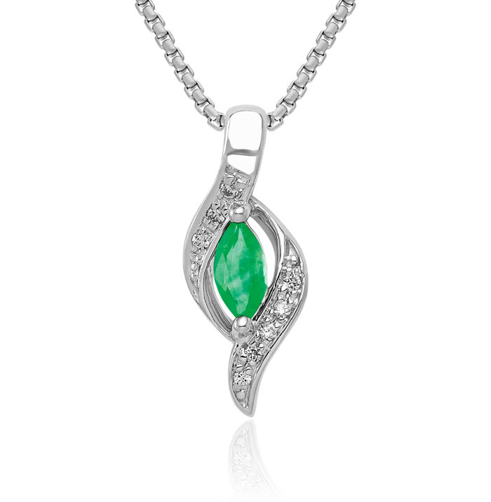 10K Solid White Gold Diamond Marquise Green Emerald Necklace Charm Gemstone Pendant