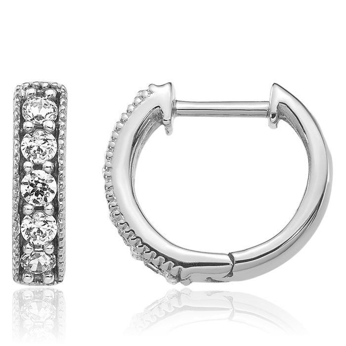 10K Solid White Gold Diamond Milgrain Round Huggie Mini Small Hoop Earrings