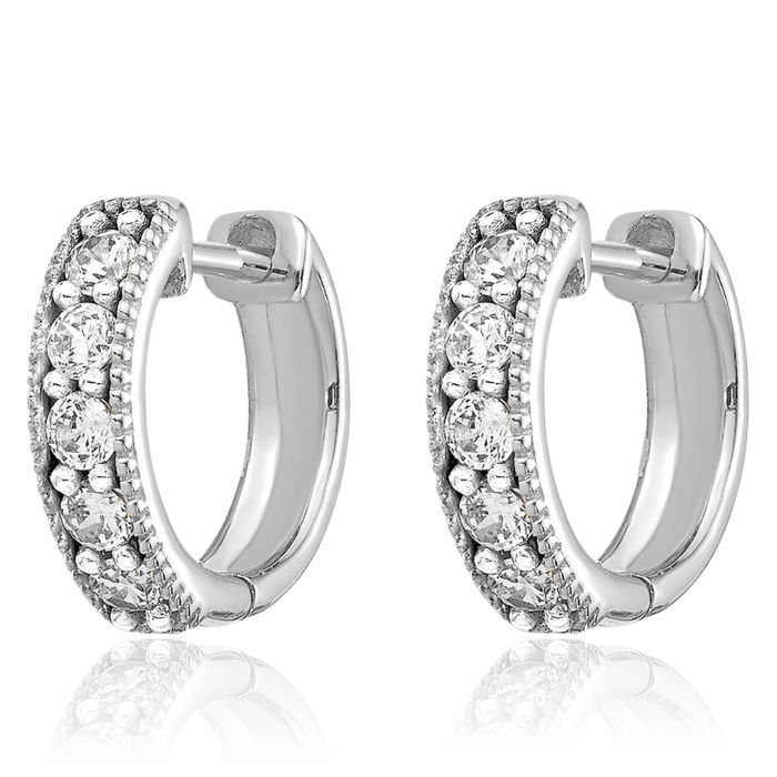 10K Solid White Gold Diamond Milgrain Round Huggie Mini Small Hoop Earrings