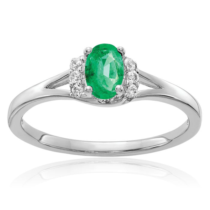 10K Solid White Gold Diamond Oval Green Emerald Ring Gemstone Band