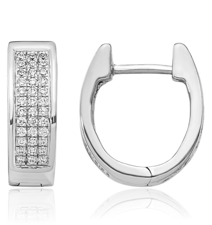 10K Solid White Gold Diamond Oval Huggie Small Hoop Earrings