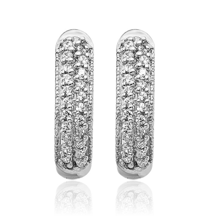 10K Solid White Gold Diamond Oval Huggie Small Hoop Earrings