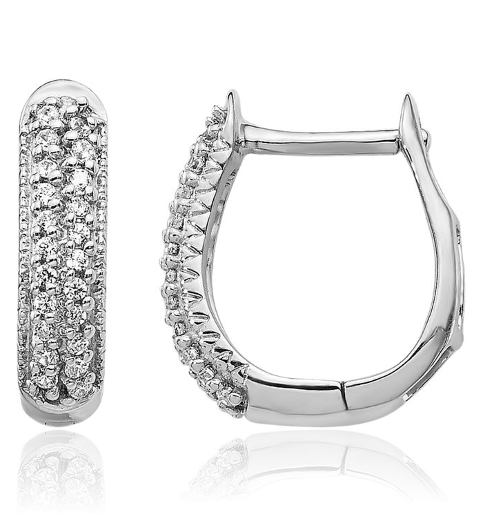 10K Solid White Gold Diamond Oval Huggie Small Hoop Earrings