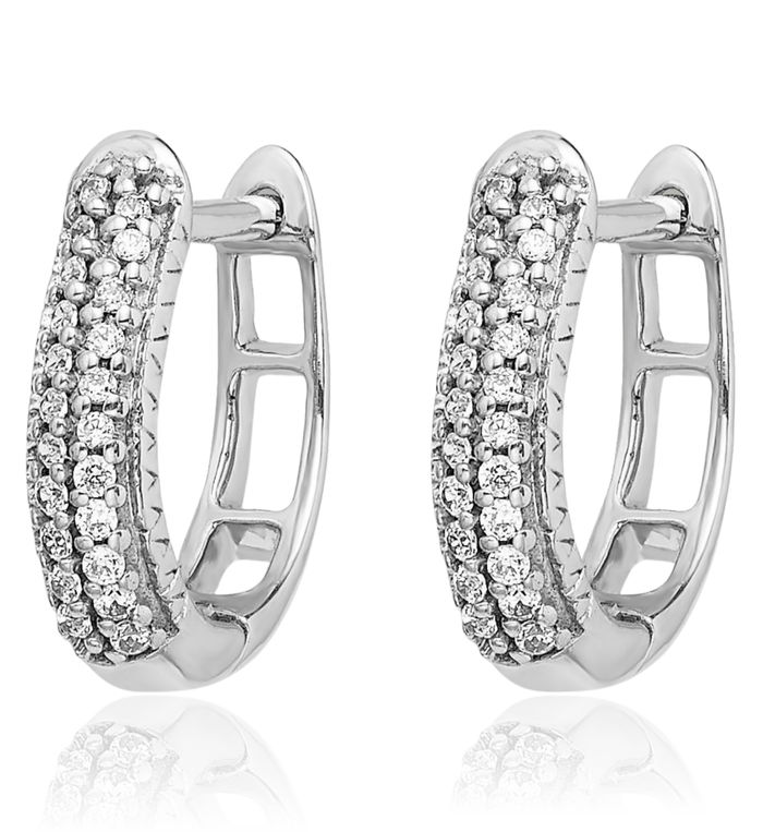 10K Solid White Gold Diamond Oval Huggie Small Hoop Earrings