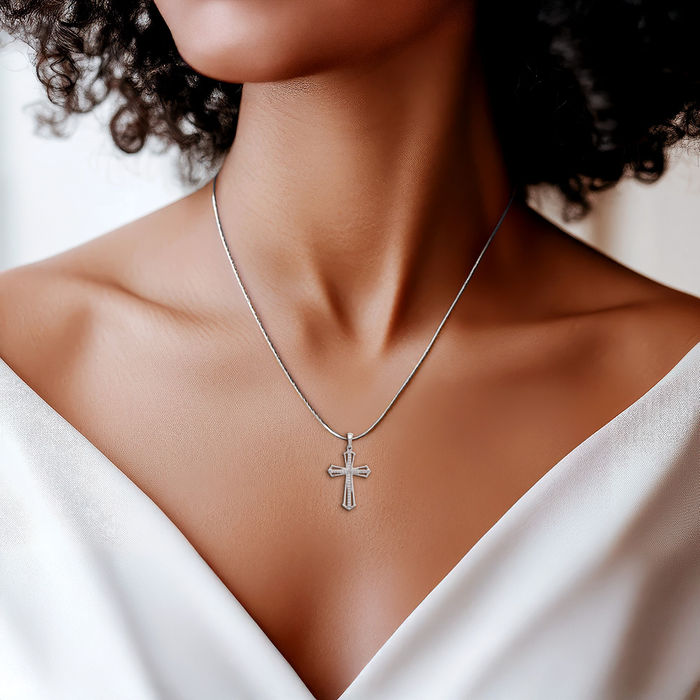 10K Solid White Gold Diamond Passion Holy Cross Necklace Religious Chain Pendant Jesus Christ Charm