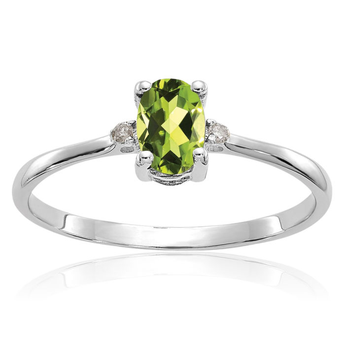 10K Solid White Gold Diamond Green Peridot Ring Gemstone Band April August Birthstone Jewelry