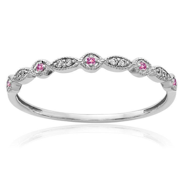 10K Solid White Gold Diamond Pink Sapphire Ring Gemstone Band October Birthstone Jewelry