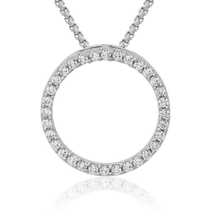 10K Solid White Gold Diamond Circle Round Floating Chain Slide Pendant Necklace Charm