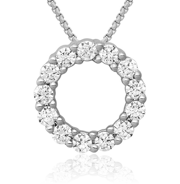 10K Solid White Gold Diamond Circle Round Geometric Floating Chain Slide Pendant Necklace Charm