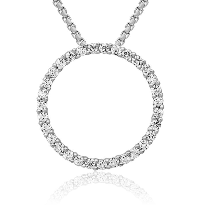 10K Solid White Gold Diamond Circle Round Geometric Floating Chain Slide Pendant Necklace Charm