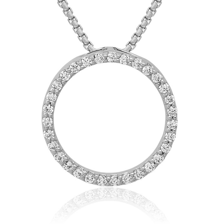 10K Solid White Gold Diamond Circle Round Geometric Floating Chain Slide Pendant Necklace Charm