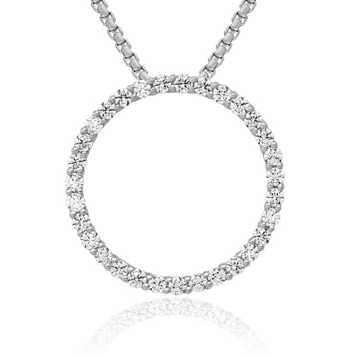 10K Solid White Gold Diamond Circle Round Geometric Floating Chain Slide Pendant Necklace Charm