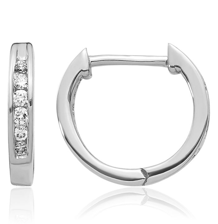 10K Solid White Gold Diamond Round Huggie Mini Hoop Earrings