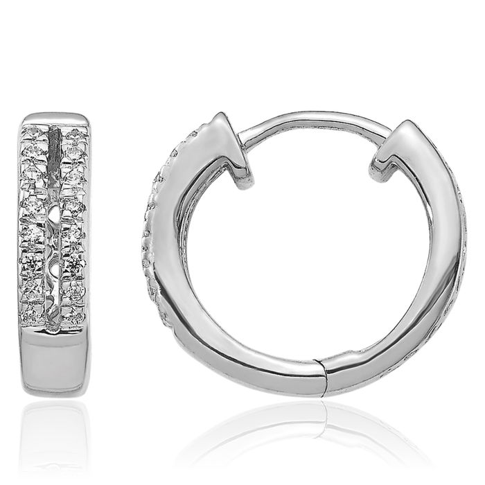 10K Solid White Gold Diamond Round Huggie Mini Hoop Earrings