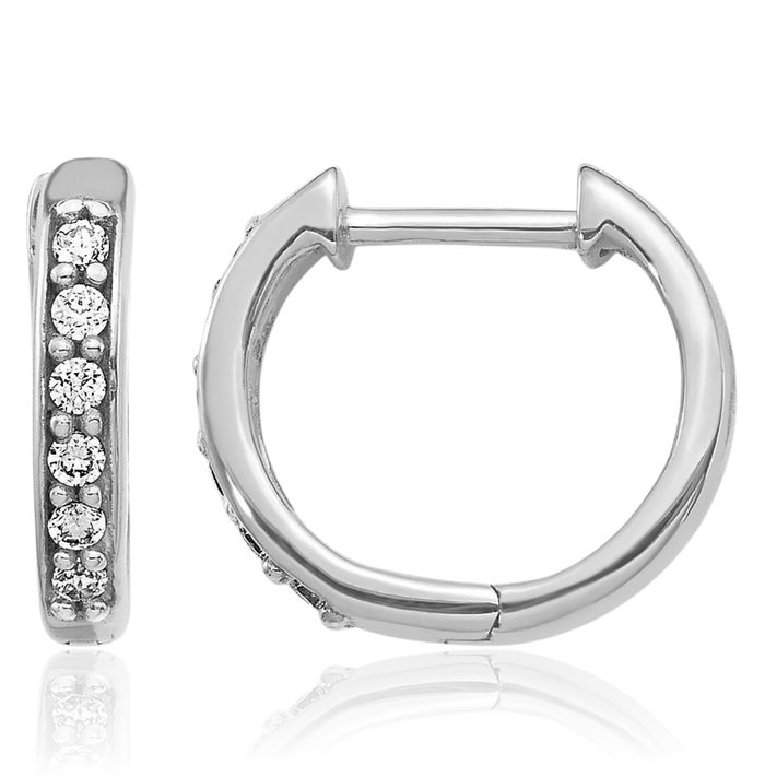 10K Solid White Gold Diamond Round Huggie Mini Hoop Earrings