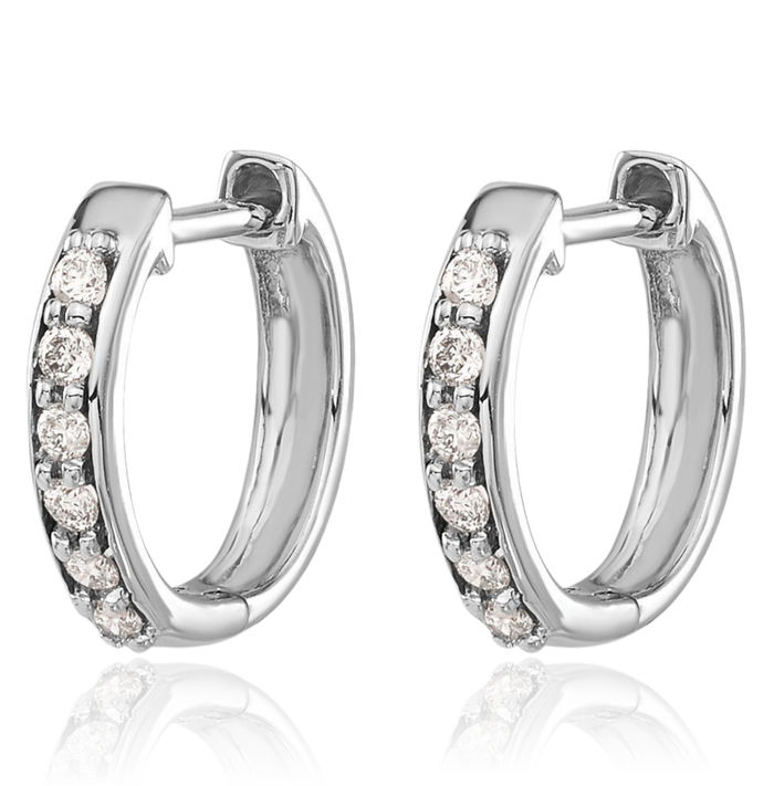 10K Solid White Gold Diamond Round Huggie Mini Hoop Earrings