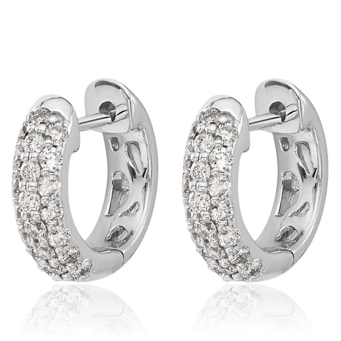 10K Solid White Gold Diamond Round Huggie Mini Small Hoop Earrings