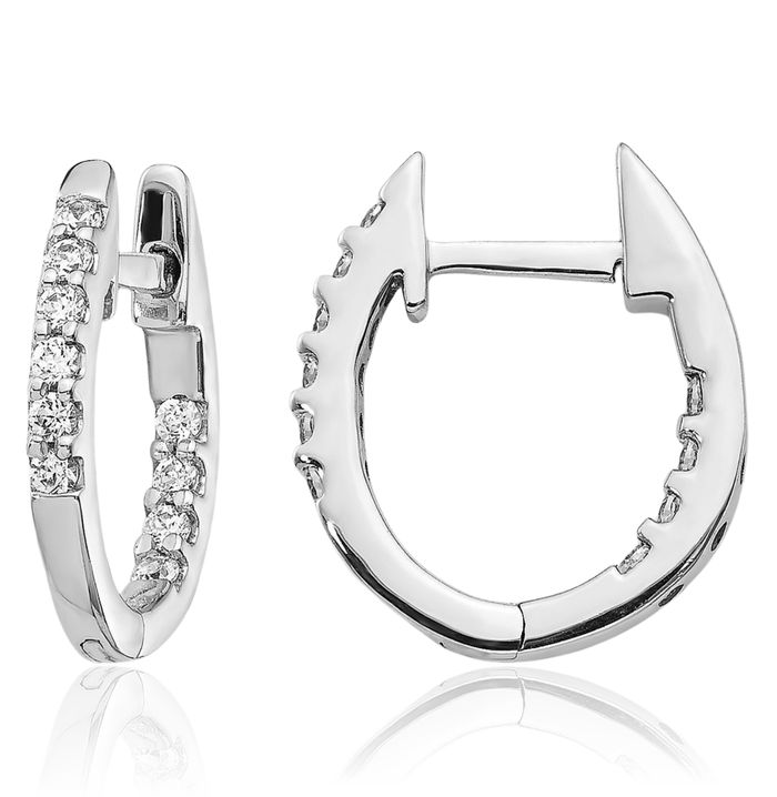 10K Solid White Gold Diamond Round Huggie Small Hoop Earrings