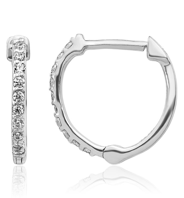 10K Solid White Gold Diamond Round Huggie Small Hoop Earrings