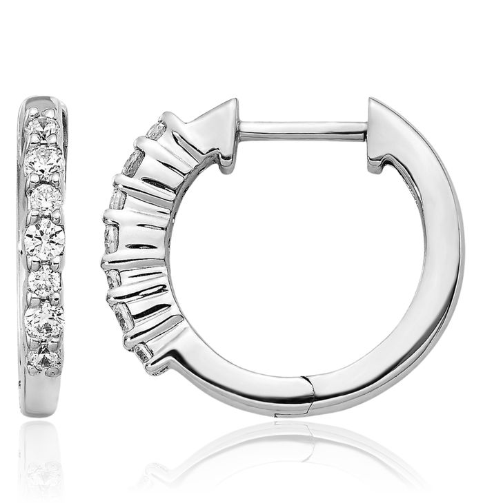 10K Solid White Gold Diamond Round Huggie Small Hoop Earrings