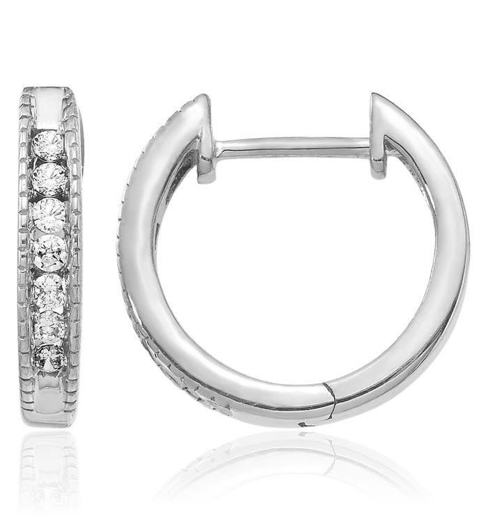 10K Solid White Gold Diamond Round Huggie Small Hoop Earrings