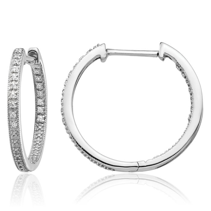 10K Solid White Gold Diamond Round Small Hoop Earrings