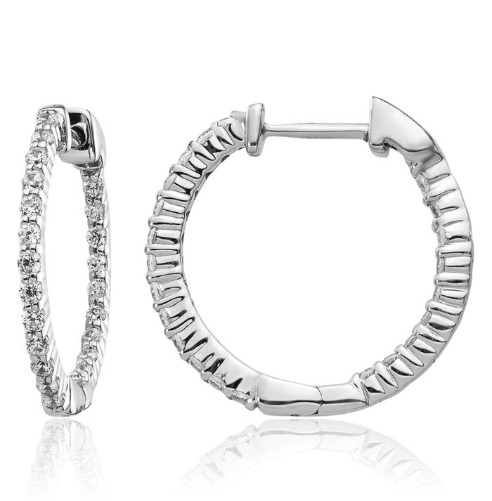 10K Solid White Gold Diamond Round Small Hoop Earrings
