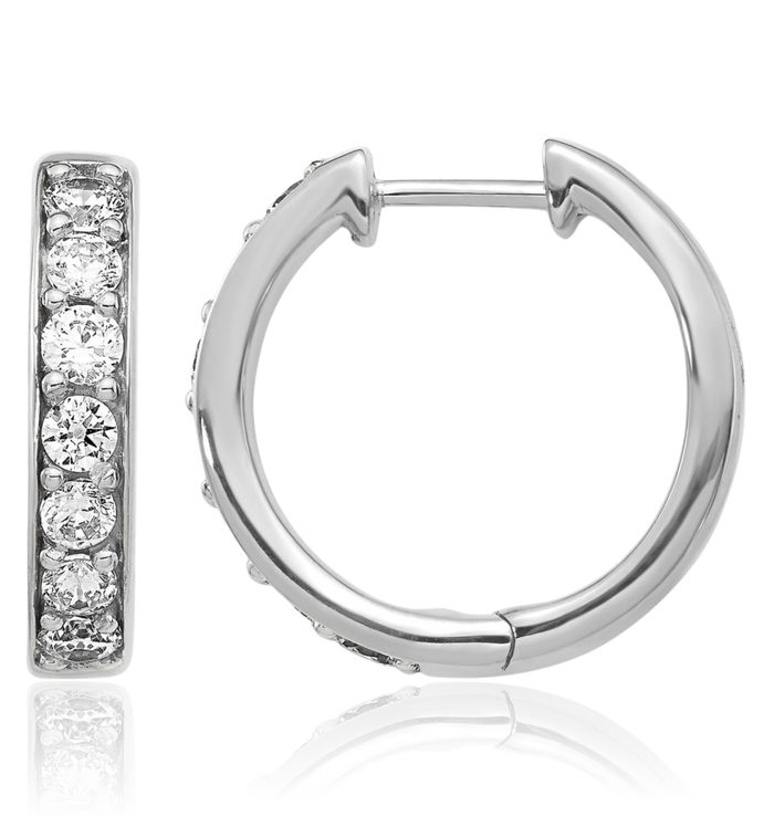 10K Solid White Gold Diamond Round Small Hoop Earrings