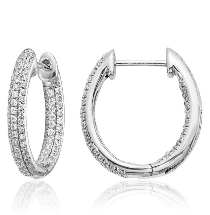 10K Solid White Gold Diamond Round Small Hoop Earrings