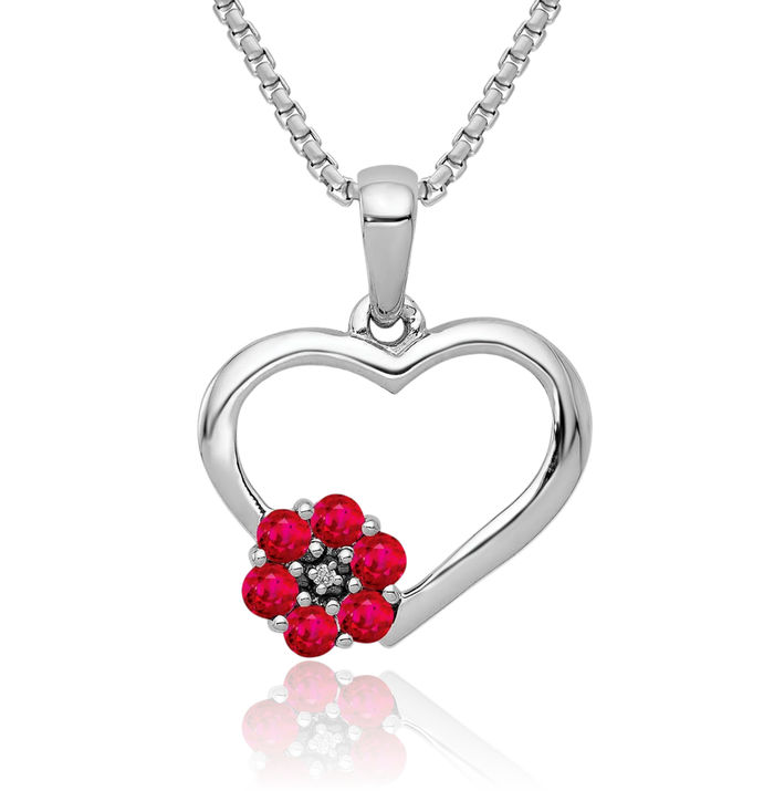 10K Solid White Gold Diamond Red Ruby Heart Flower Necklace Charm Gemstone Pendant