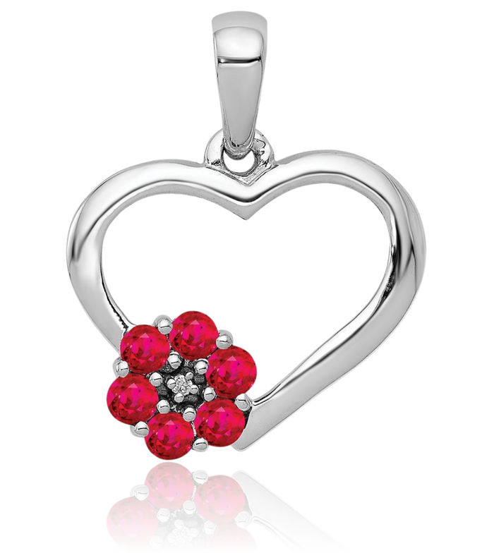 10K Solid White Gold Diamond Red Ruby Heart Flower Necklace Charm Gemstone Pendant