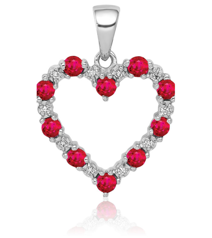 10K Solid White Gold Diamond Red Ruby Heart Necklace Charm Gemstone Pendant