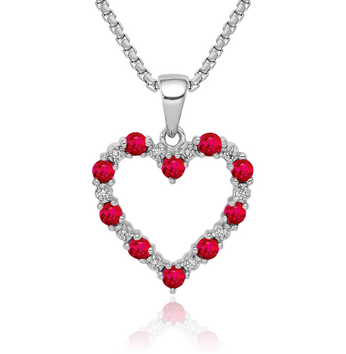 10K Solid White Gold Diamond Red Ruby Heart Necklace Charm Gemstone Pendant