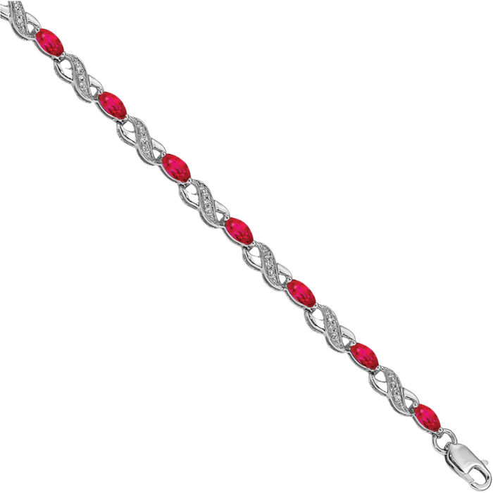 10K Solid White Gold Diamond Red Ruby Infinity Twisted Love Knot Symbol Chain Bracelet