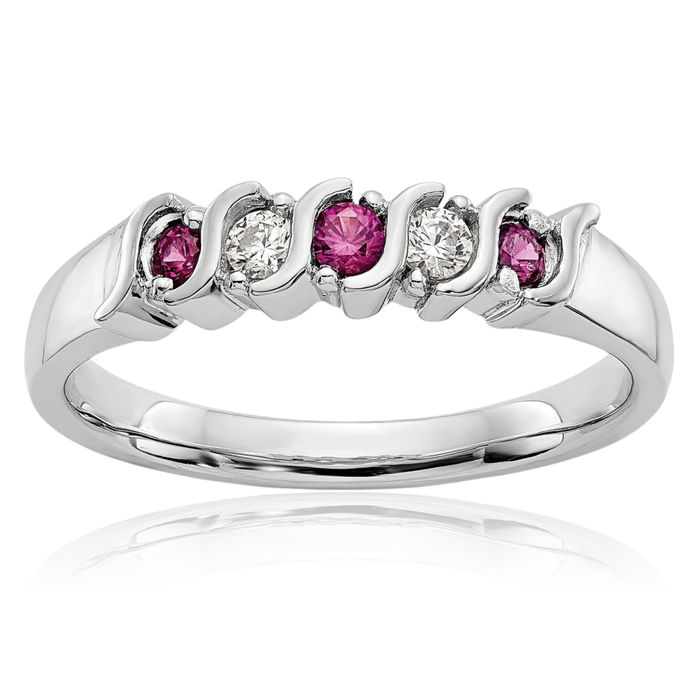 10K Solid White Gold Diamond Red Ruby Ring Gemstone Band