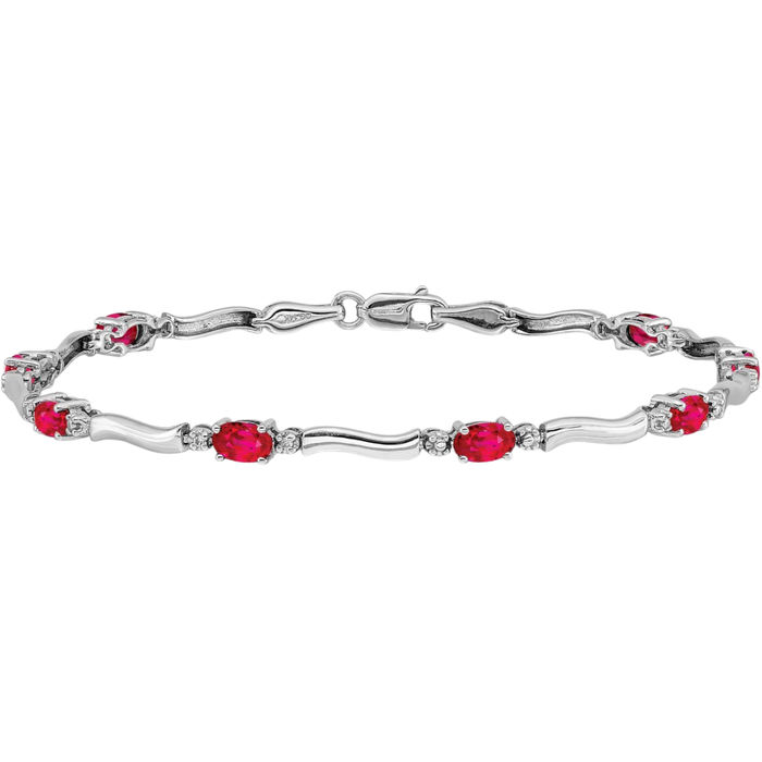 10K Solid White Gold Diamond Red Ruby Chain Gemstone Tennis Bracelet