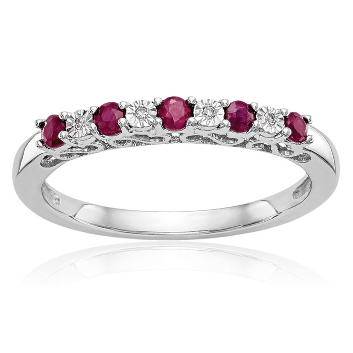 10K Solid White Gold Diamond Red Ruby Wedding Band Ring Gemstone