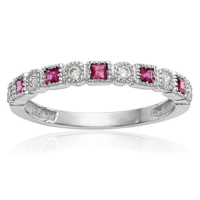 10K Solid White Gold Diamond Red Ruby Wedding Band Ring Gemstone