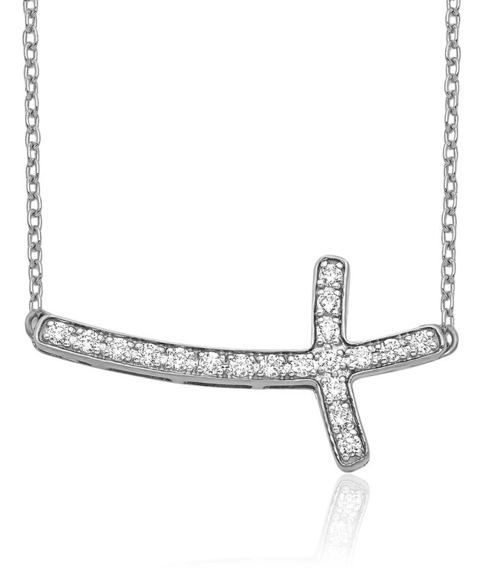 10K Solid White Gold Diamond Sideways Holy Cross Necklace Chain