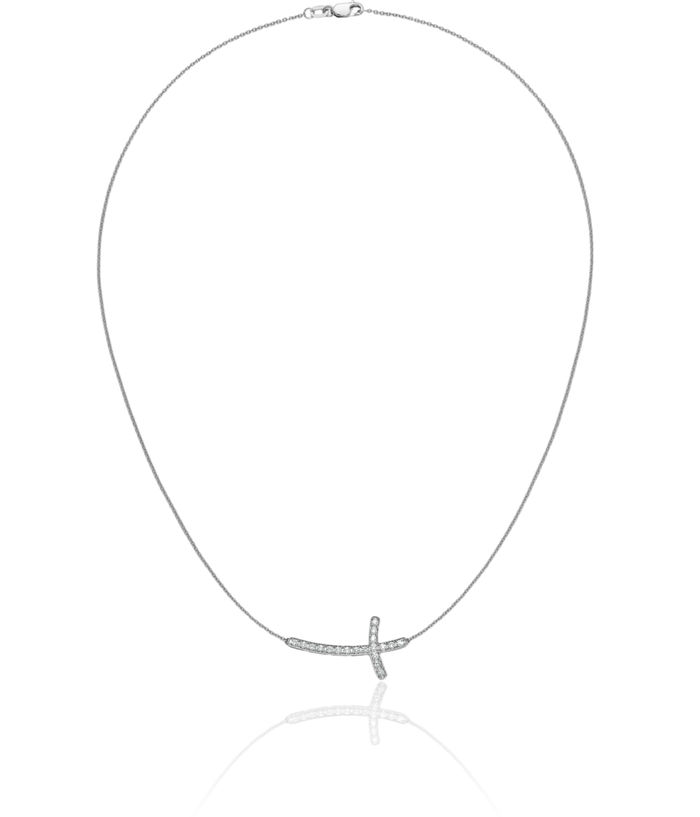 10K Solid White Gold Diamond Sideways Holy Cross Necklace Chain