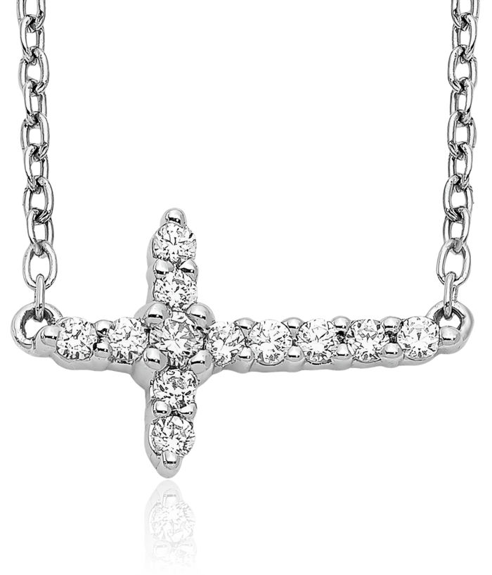 10K Solid White Gold Diamond Sideways Holy Cross Necklace Chain