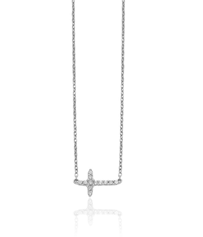 10K Solid White Gold Diamond Sideways Holy Cross Necklace Chain